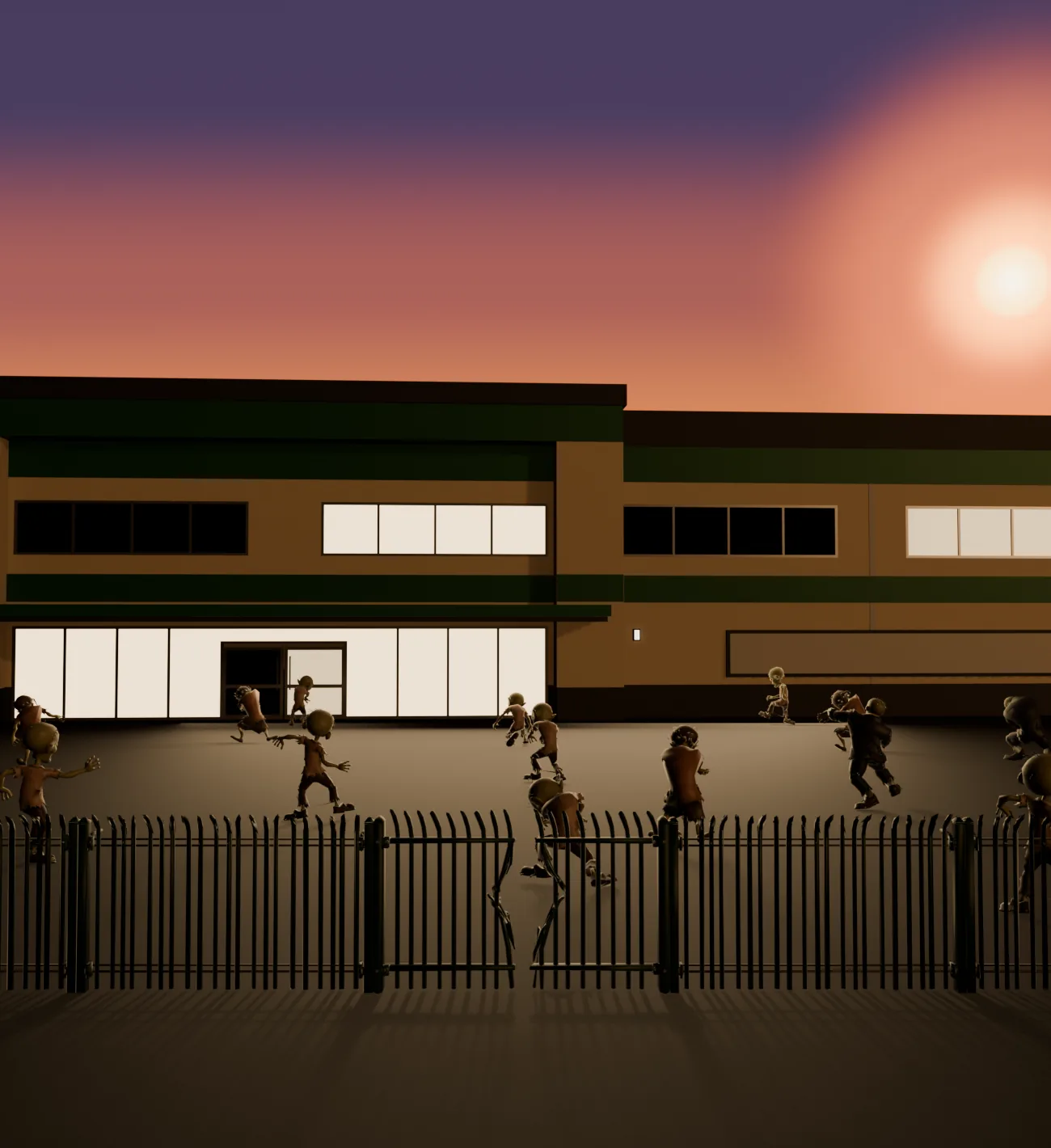 The compound at dusk: the office with its lights on, the corporate undead crossing the car park towards a breached palisade fence, and the sun going down behind the roof.