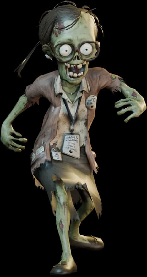 HR: a people & culture zombie from Damn, Zombies, mid-stride in torn office clothing.