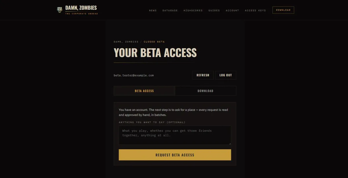 The account page after signing up: a Beta access tab with a box for anything you want to say, and a Request beta access button.