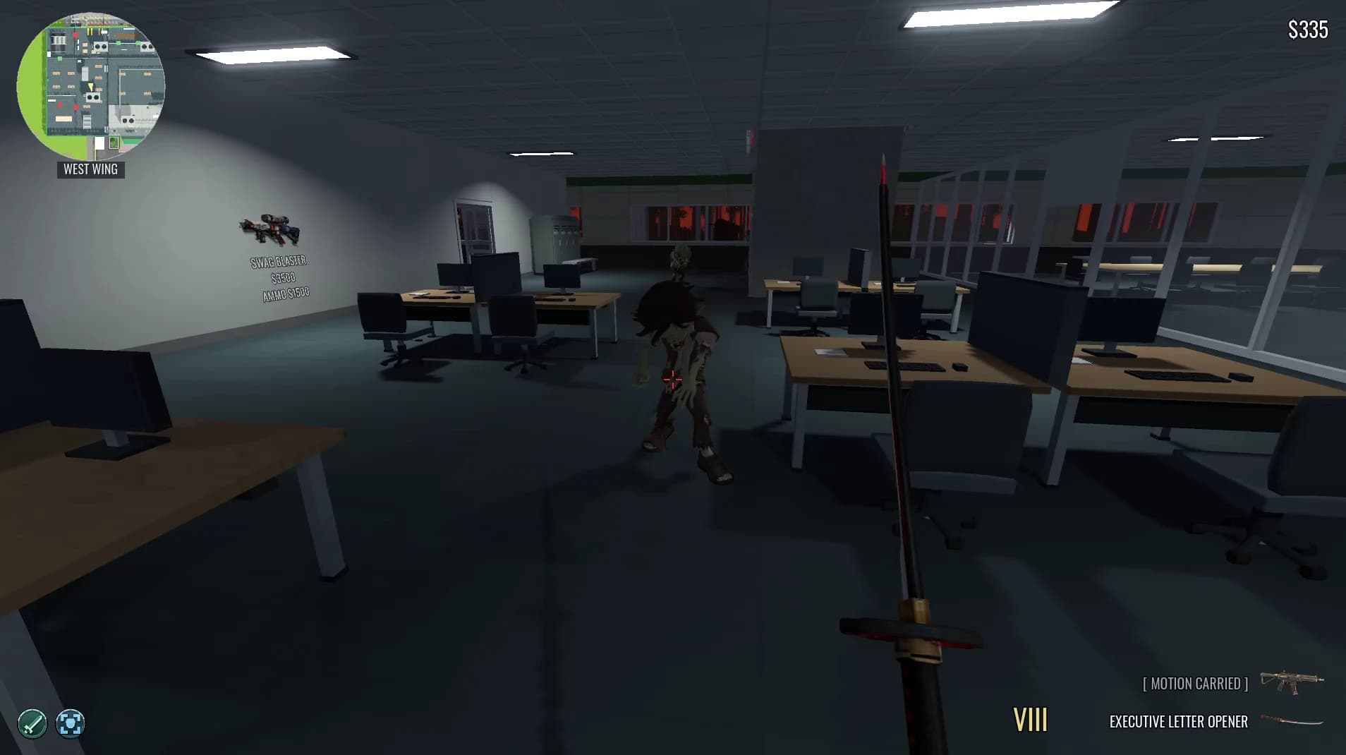 A katana raised against the office horde in Beta 48
