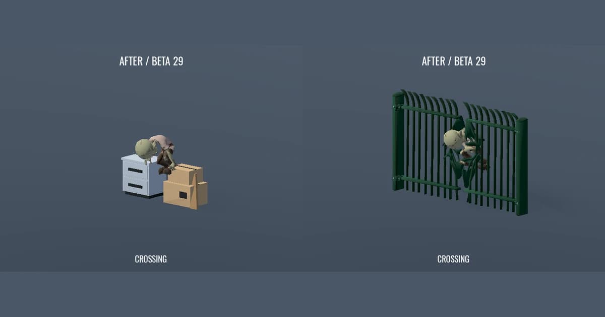 Controlled in-engine views of a zombie vaulting furniture and stepping through the broken fence in Beta 29.