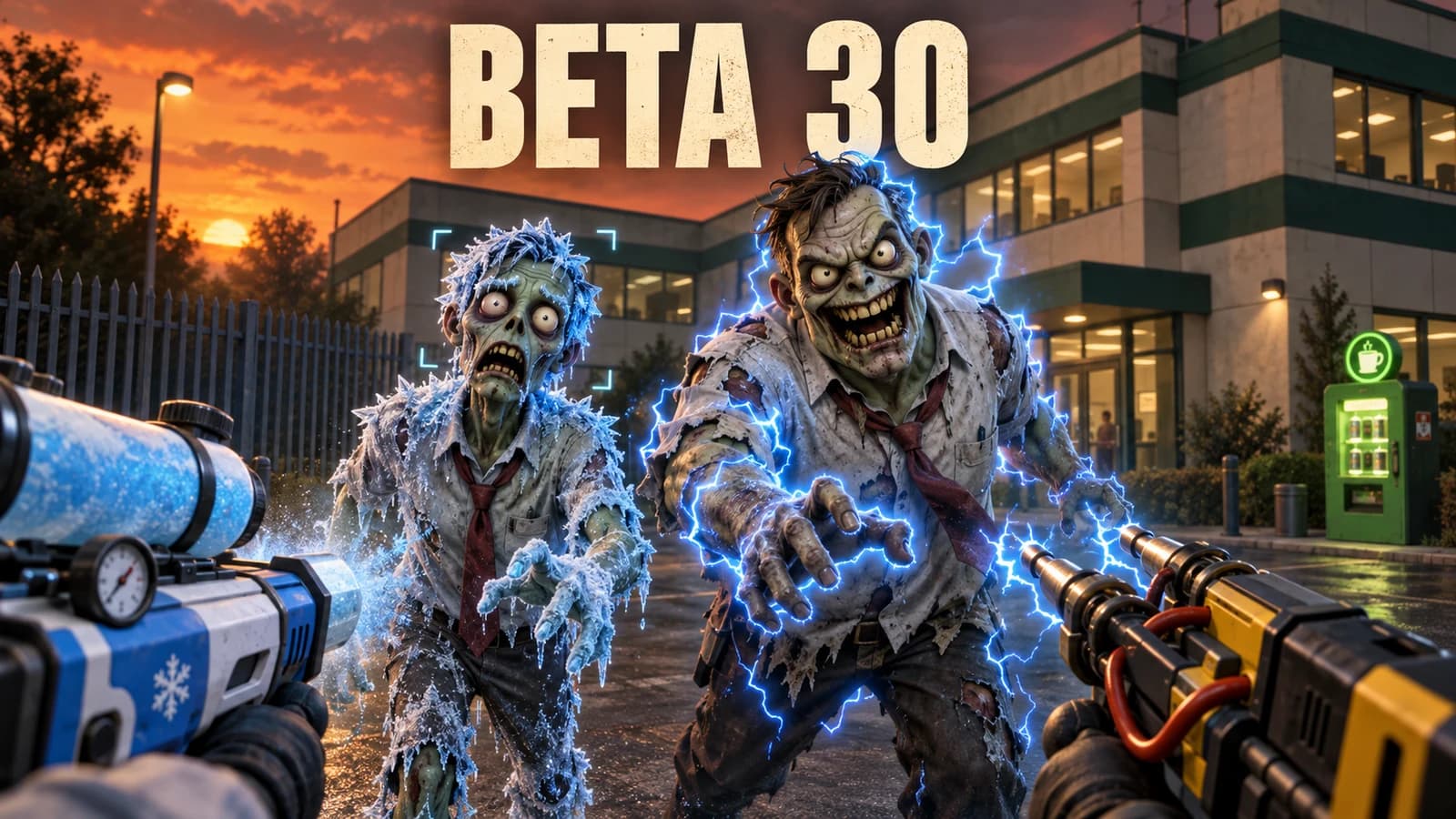 Beta 30 release illustration: an ice-covered office zombie beside an electrically empowered zombie, with the two special weapons, perimeter fence and perk machine at sunset.