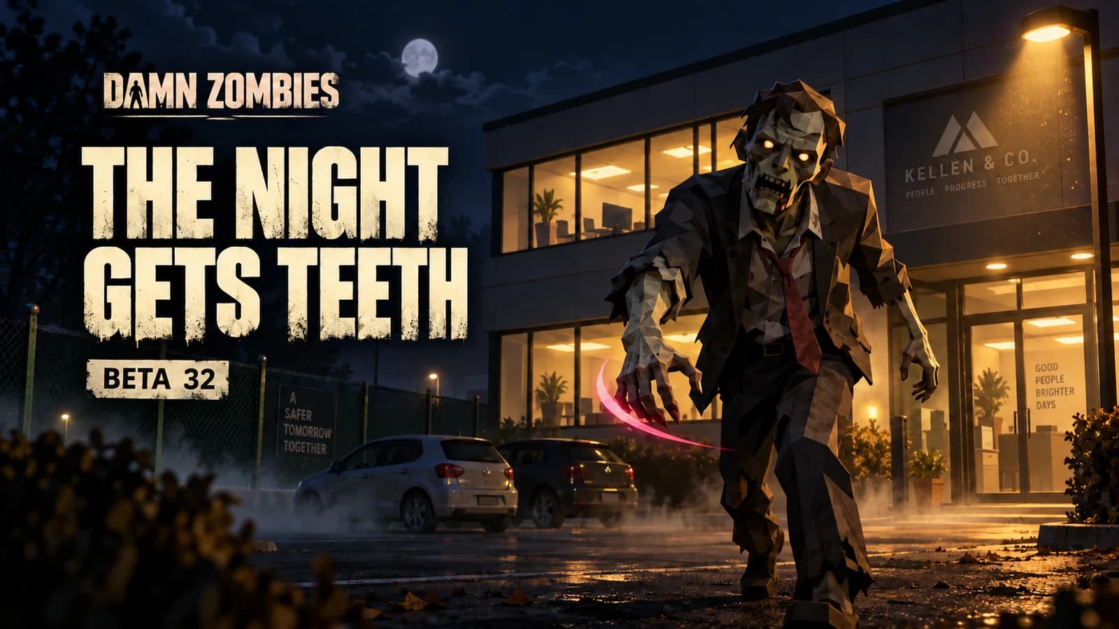 Promotional artwork for Beta 32: a suited zombie beneath warm office lights with a curved pink-red claw trail. The Night Gets Teeth.