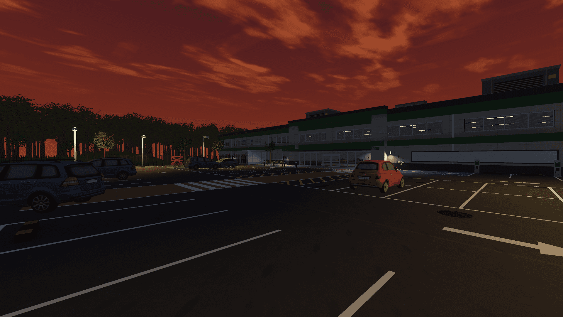 The car park at round 8, with dusk lighting and the current ground mist