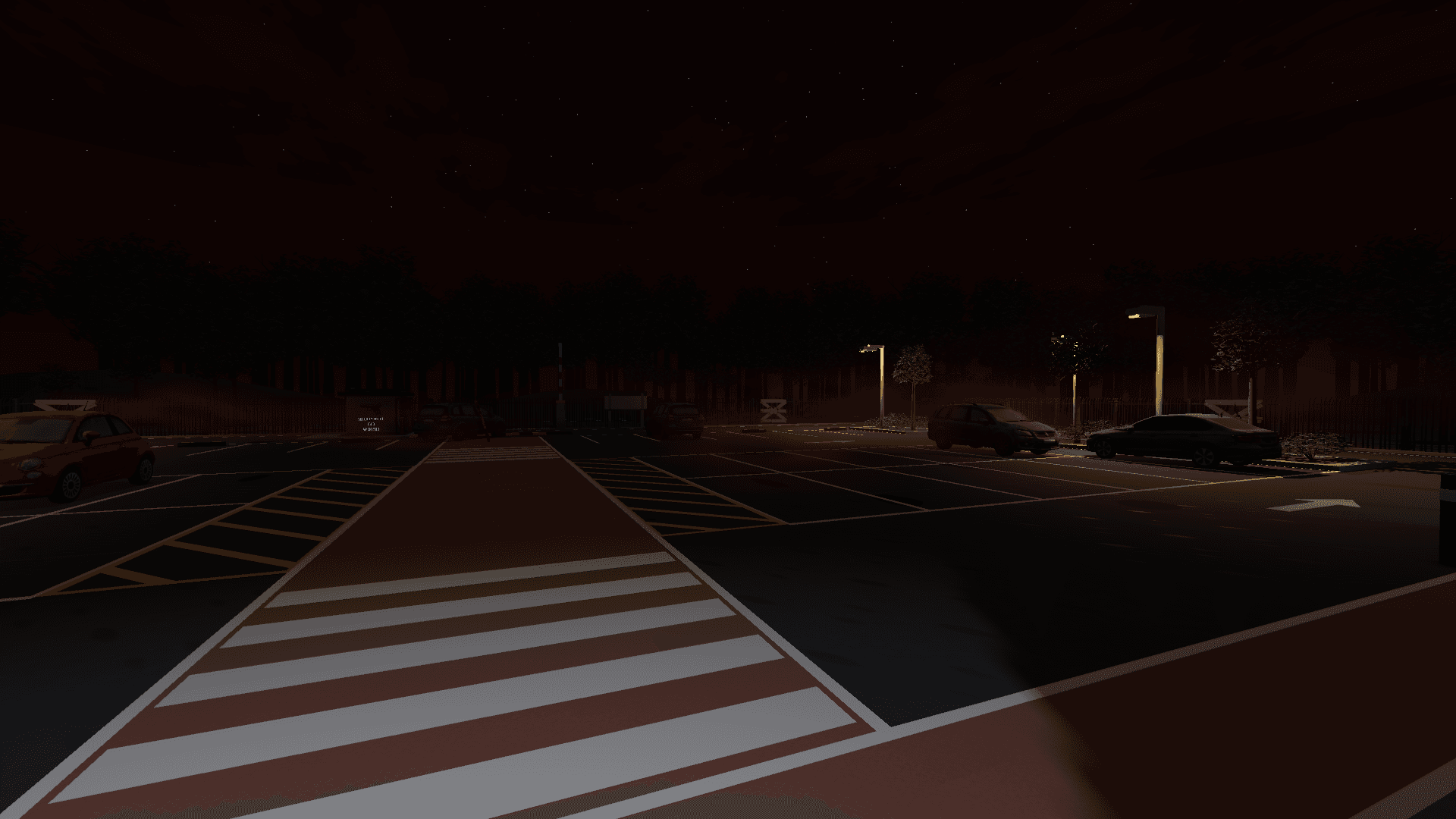 An actual Beta 33 view from the office entrance across the lamp-lit car park and subtle ground mist at the eclipse.