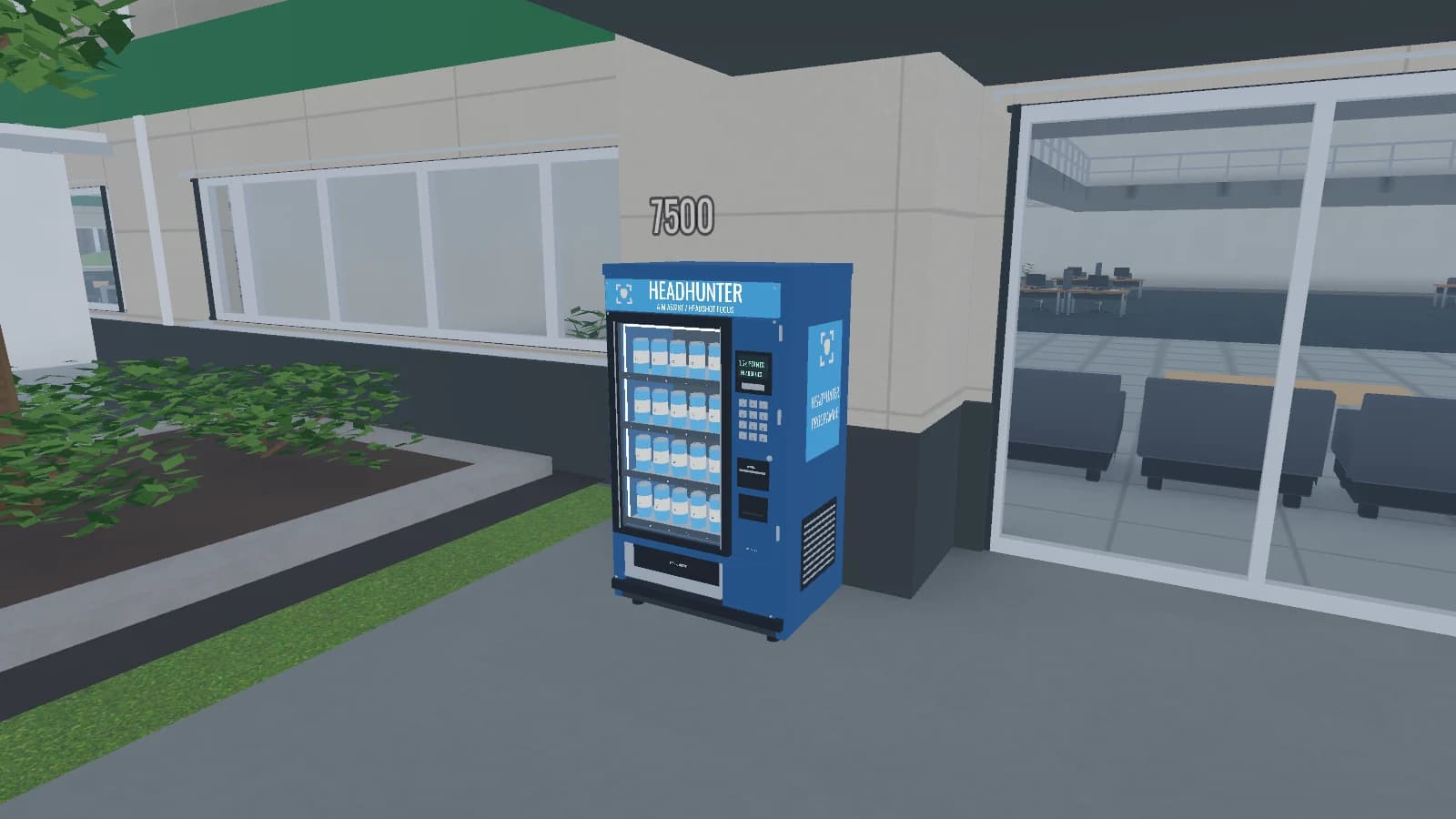 The blue Headhunter Programme vending machine in its car park location, with its 7,500-point price plate