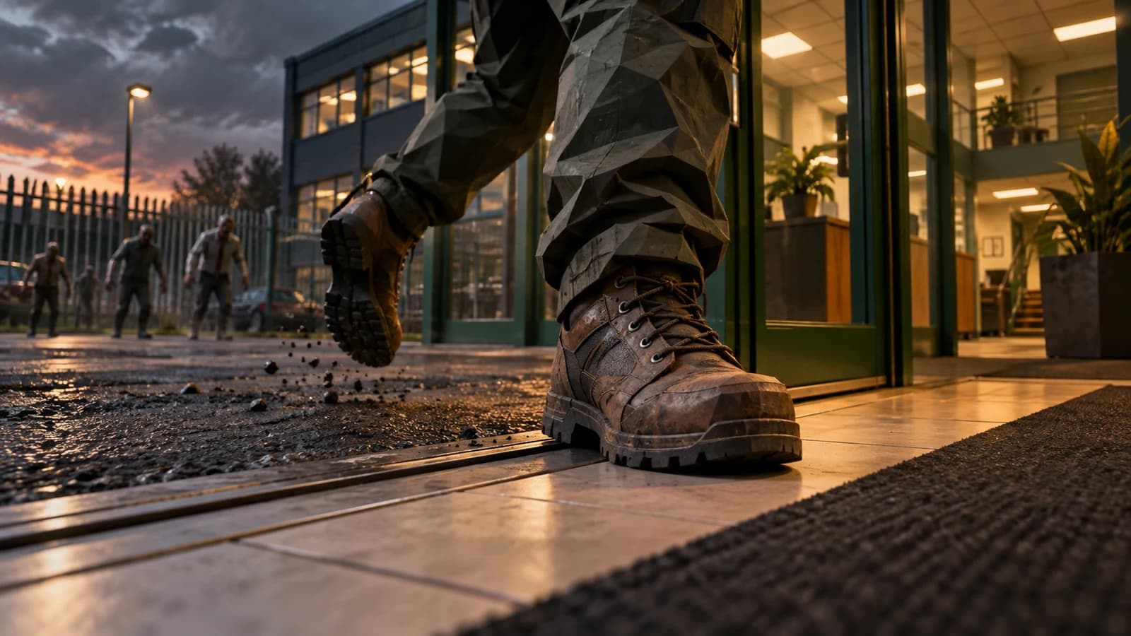 Beta 37 promotional illustration: a survivor's boots run from rough asphalt onto office tiles beside a carpeted entrance, with zombies approaching outside.