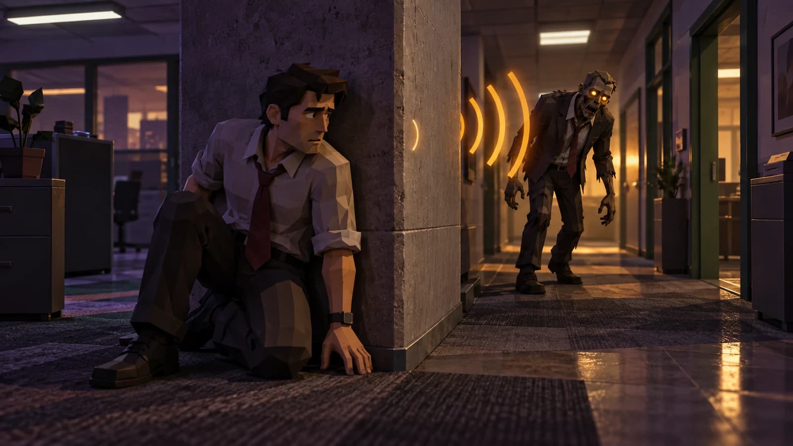 Beta 38 promotional illustration: a survivor shelters behind an office wall as sound waves from a nearby corporate zombie fade at the partition.