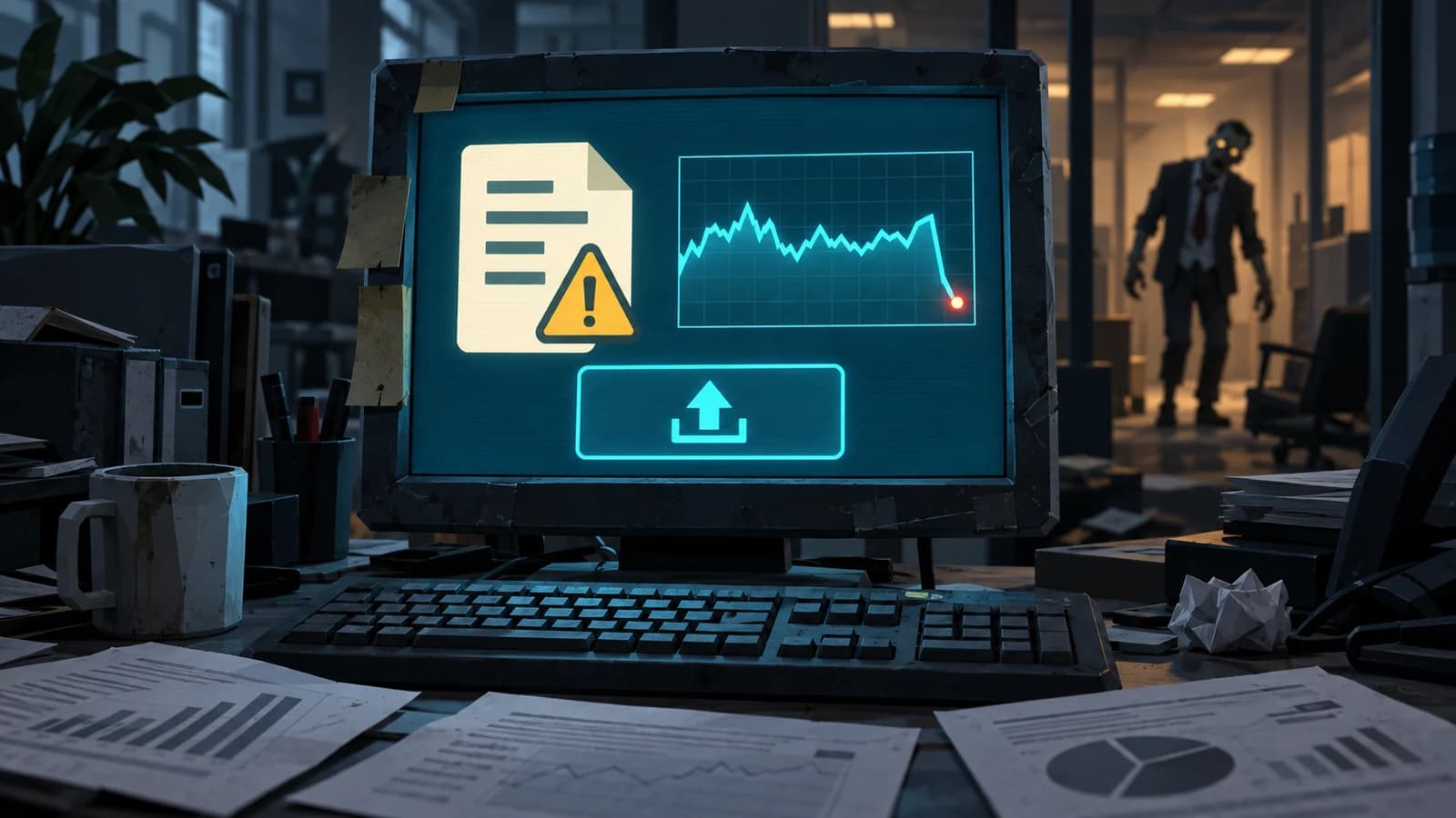 Beta 39 promotional illustration: an office monitor showing a crash report, performance graph and upload symbol, with a corporate zombie in the corridor behind it.