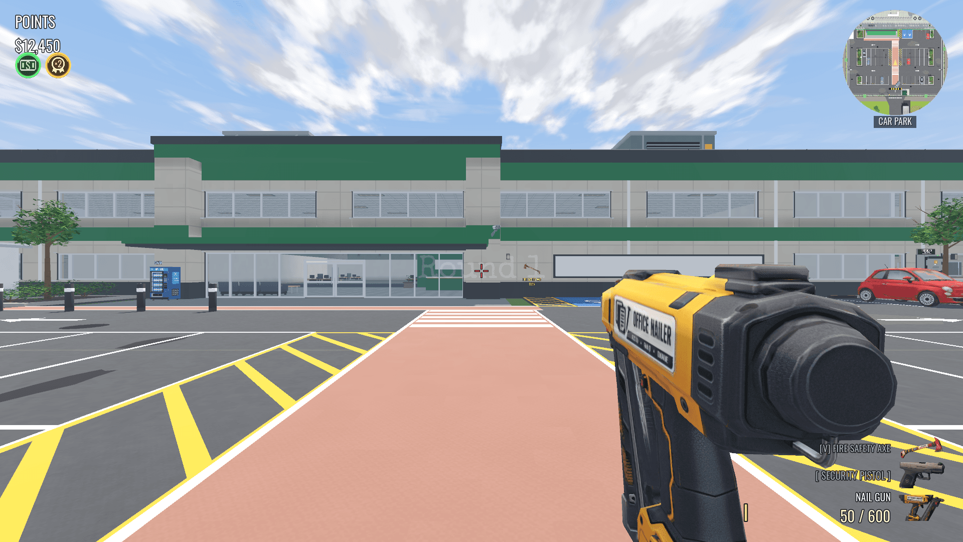 In-engine Beta 40 HUD capture showing the dollar-prefixed points balance and green company-credit and gold commission icons above the car park.