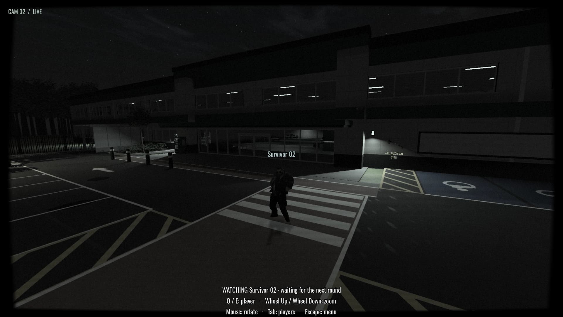A living teammate viewed through the desaturated CCTV spectator camera, with CAM 02 / LIVE and spectator controls.
