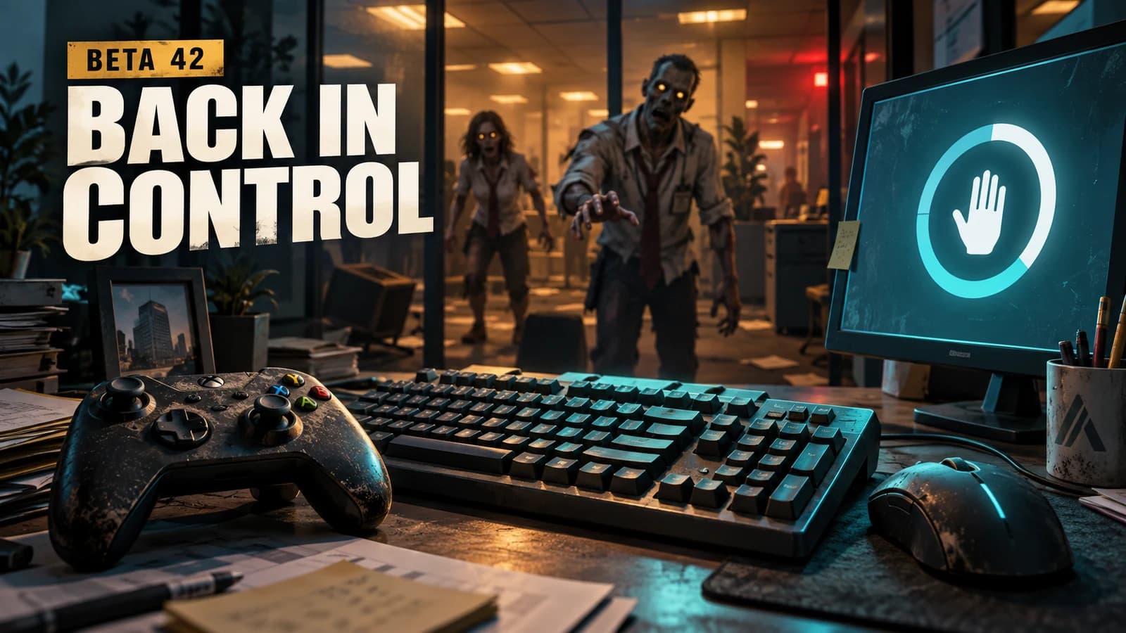 Beta 42 promotional illustration: a controller, keyboard and mouse on an abandoned office desk, with corporate zombies approaching beneath amber lights. Back in Control.