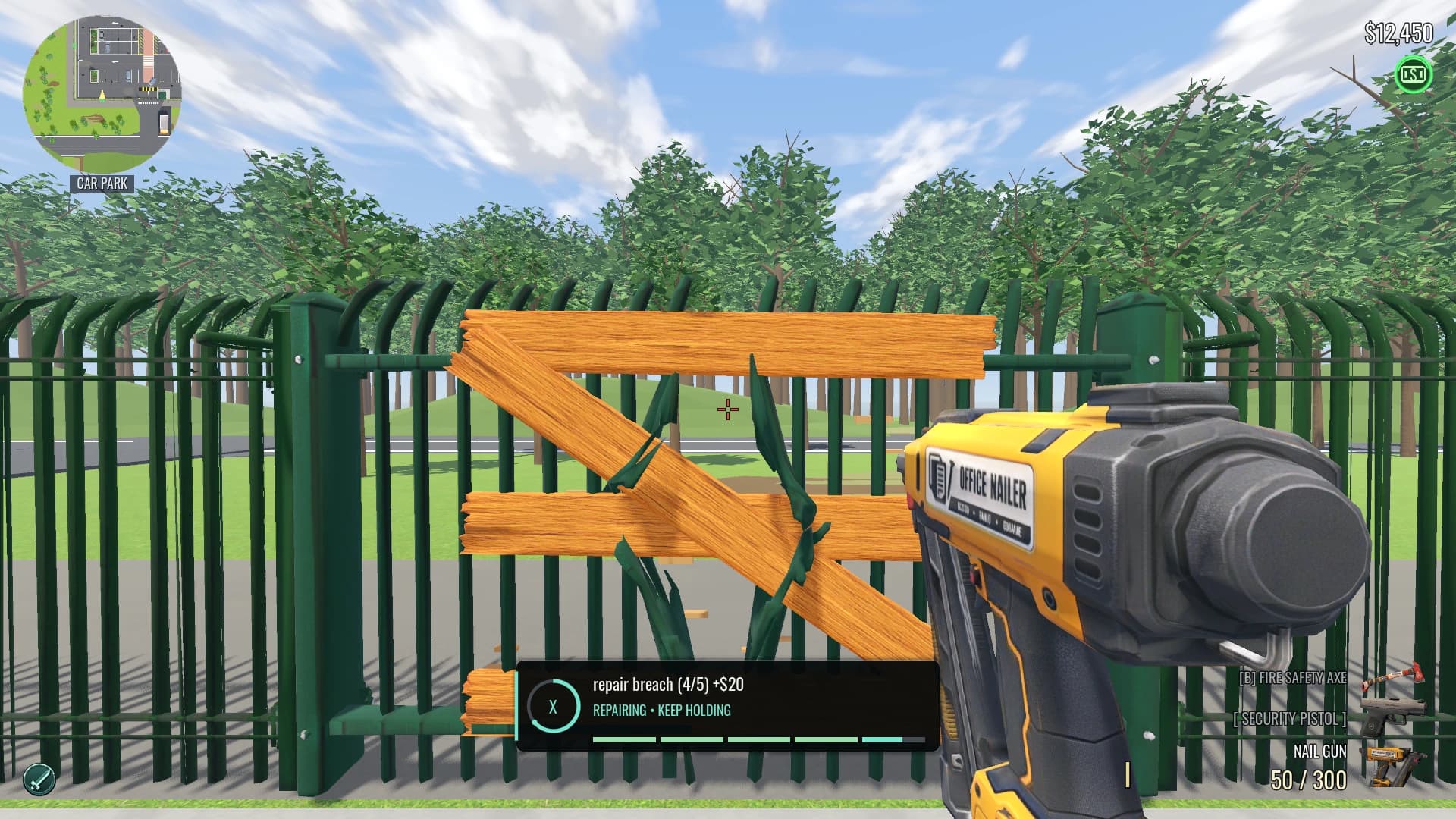 First-person view repairing a compound breach, with an X button inside the new circular hold meter and three carried weapons listed on the HUD.