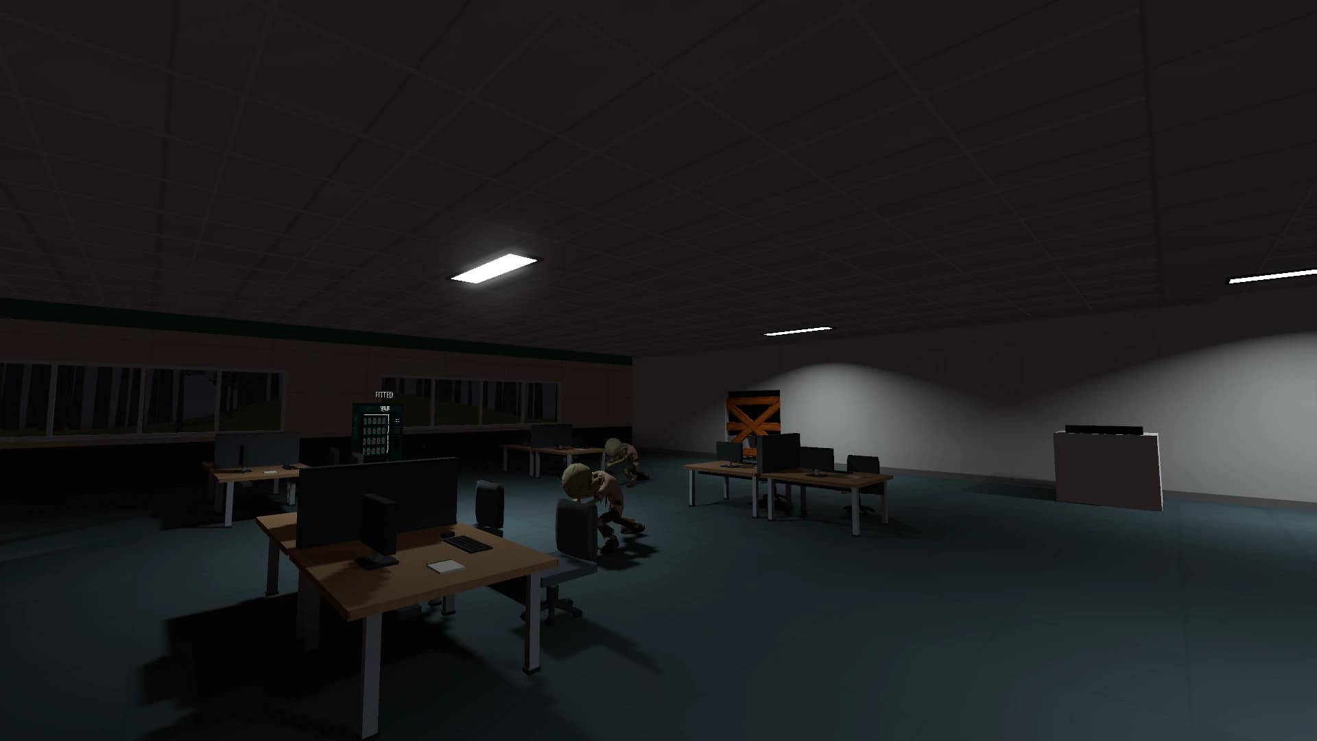 Two corporate zombies in a furnished office lit by ceiling panels with a soft glow around the fixtures.