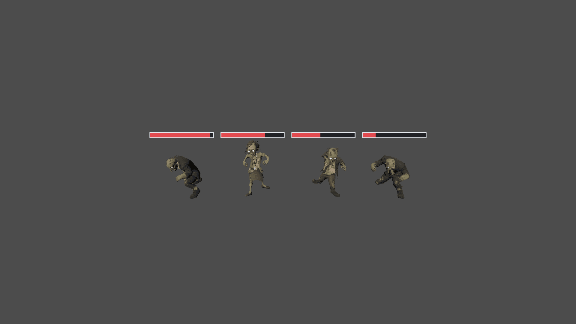 Controlled Beta 44 capture showing four special boss variants with overhead health bars at different health levels.