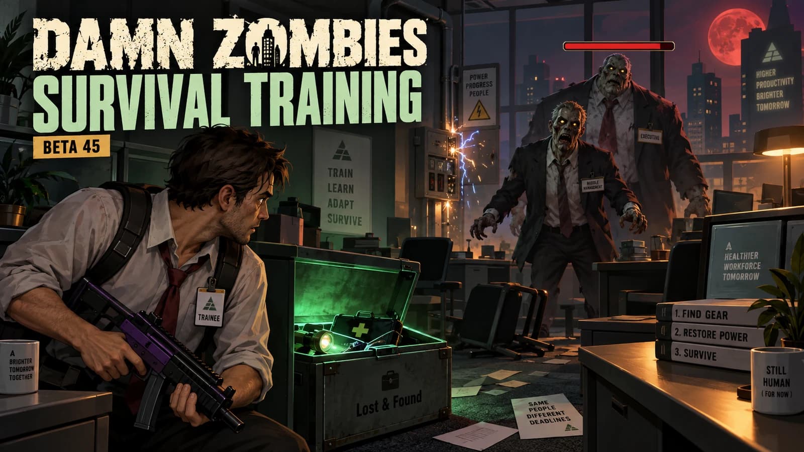 Promotional illustration of a survivor training against corporate zombies beside a Lost & Found box and sparking electrical cabinet.