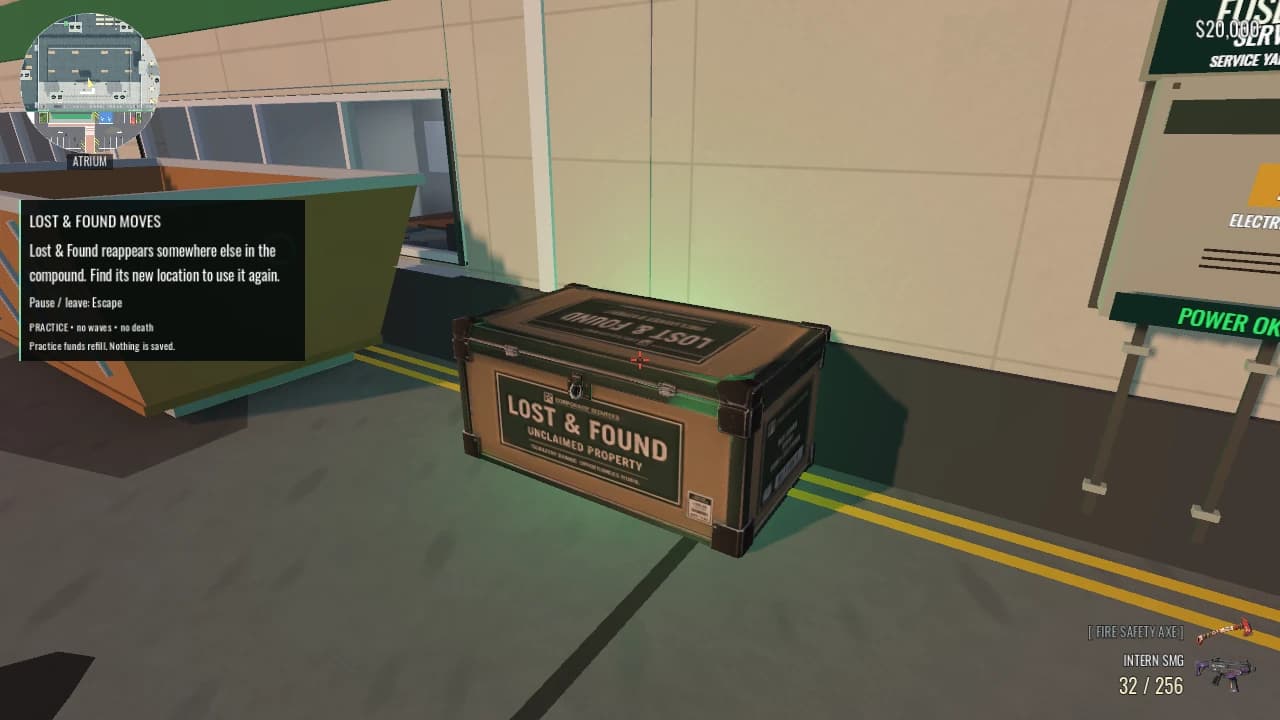 The Lost & Found box at its new location, with tutorial dialogue explaining that it has moved.