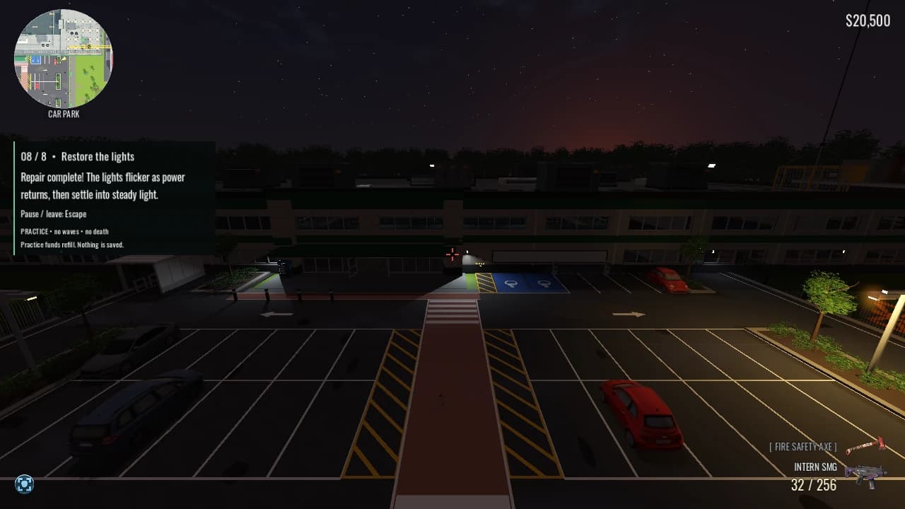 Car park lights shining again after the tutorial repair, seen from the restoration cutscene.