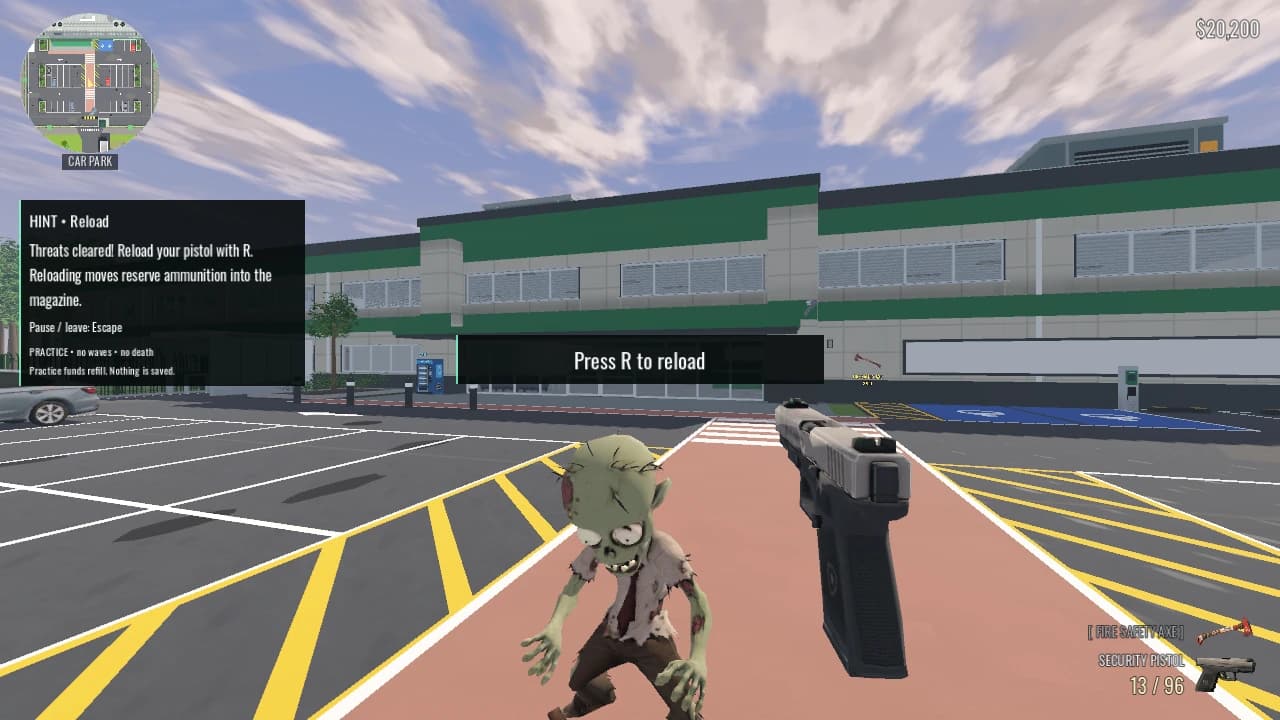 Beta 45 tutorial with the centred Press R to reload prompt and the reload objective beside the car park.
