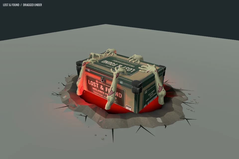 In-engine review capture of six zombie arms gripping Lost and Found above a cracked crater glowing red.