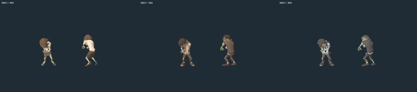 Front and rear in-engine views of the three new basic zombie models.