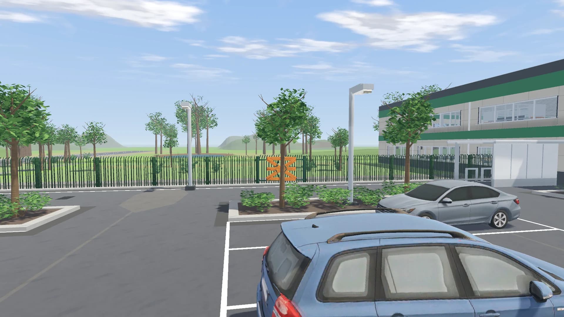 Fixed in-engine car park view in calm conditions; central tree canopy and low bushes hold their resting silhouettes.