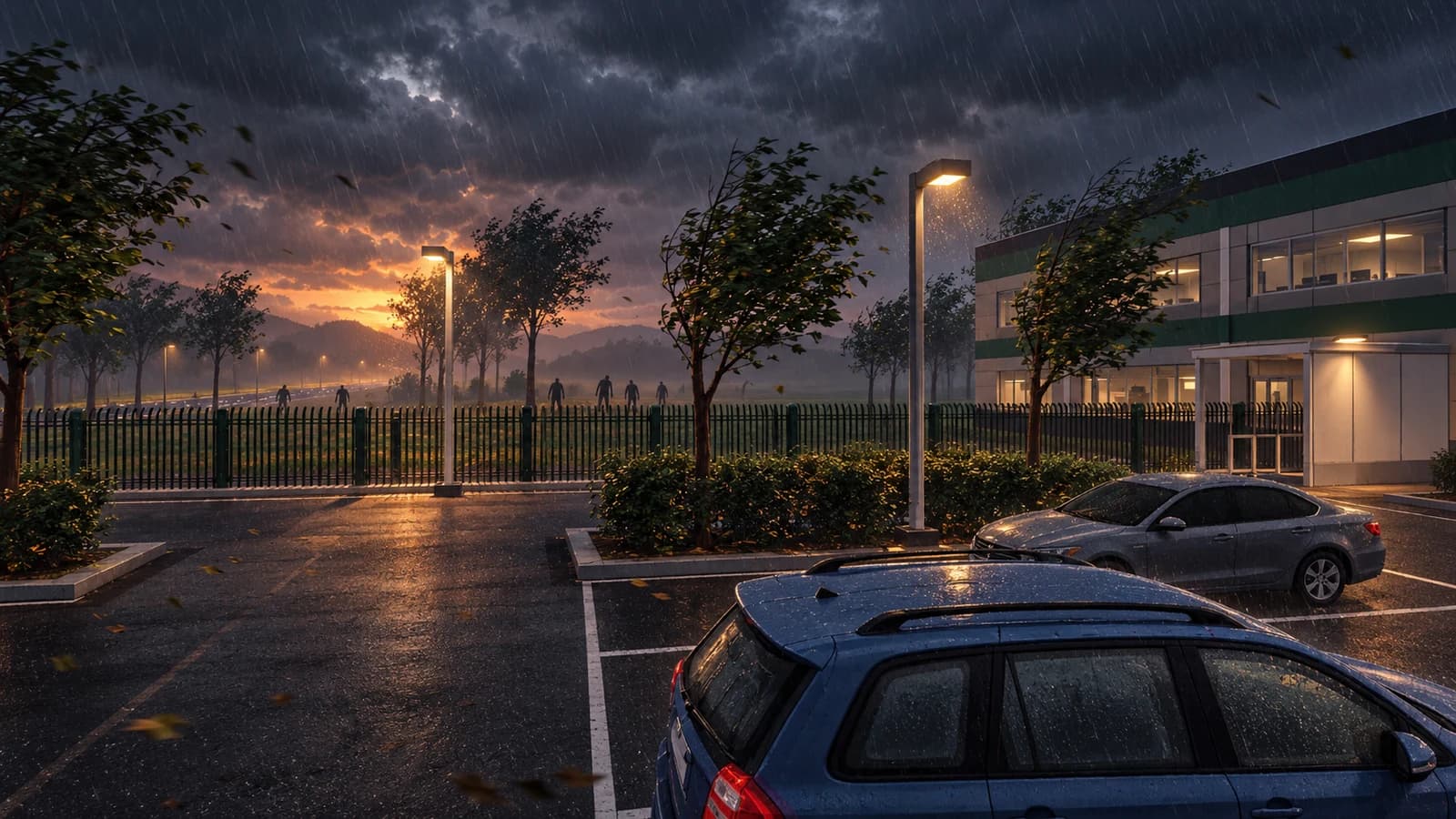Promotional illustration of the stormy office car park, bent trees, distant corporate zombies and warm road lights.