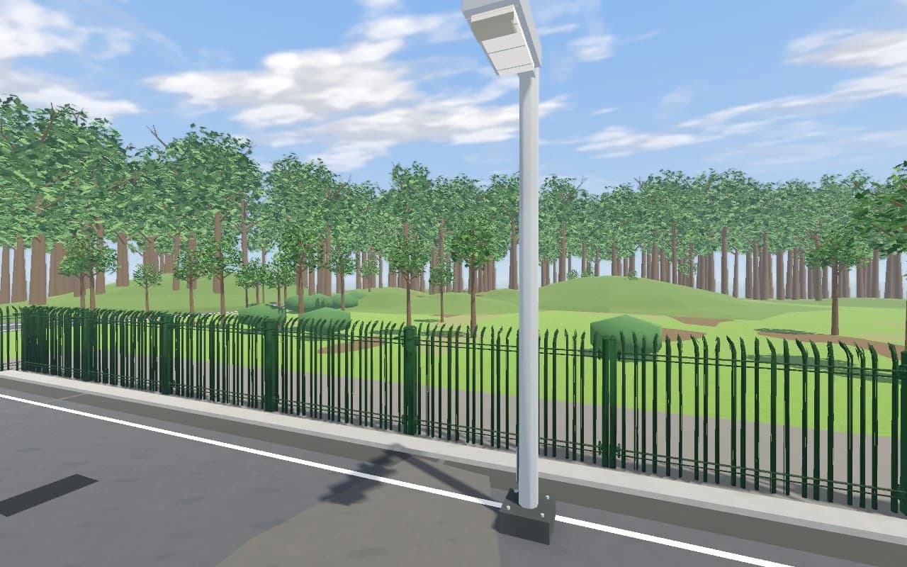 Before: the west car park fence faces a dense, almost level wall of repeating trees and small rounded hills.