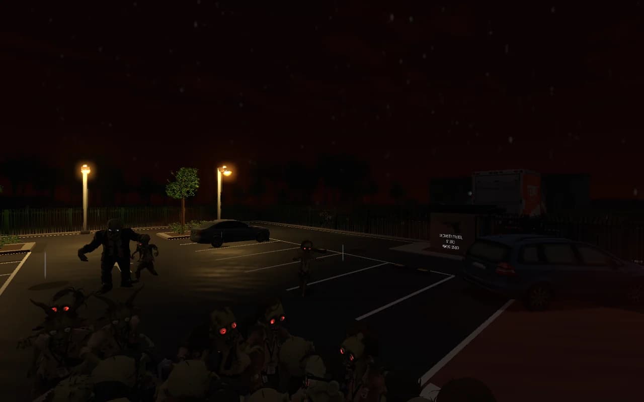 Diagnostic Round 30 storm view from the car park, with a dense group of glowing-eyed zombies in the foreground and more bodies approaching near the parked cars.