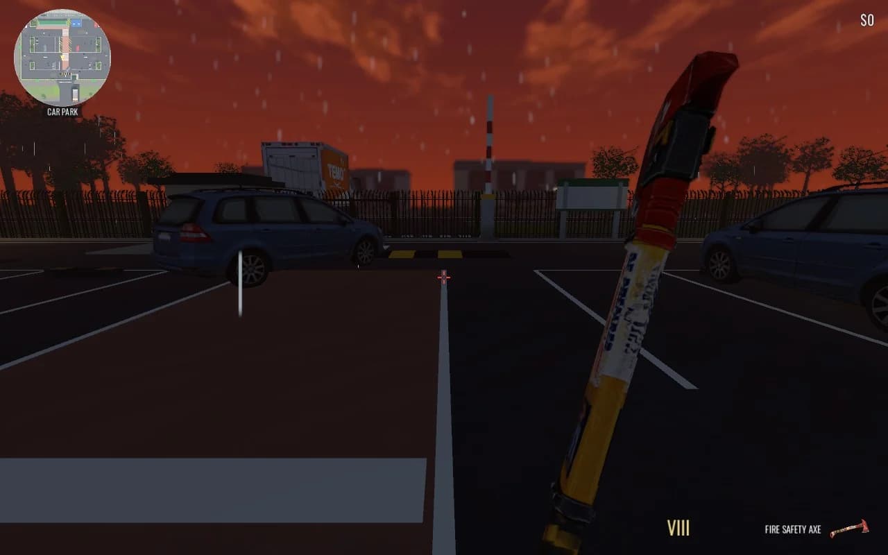 In-engine round-eight car park view with rain visible across the parking spaces, fence line and distant estate under a red dusk sky.