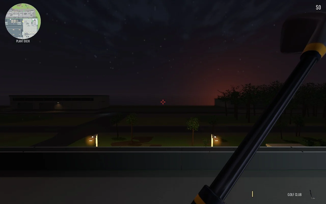 From the playable roof at a late-night stage, a rear service building and small road lamps remain visible beneath a dark layered horizon.