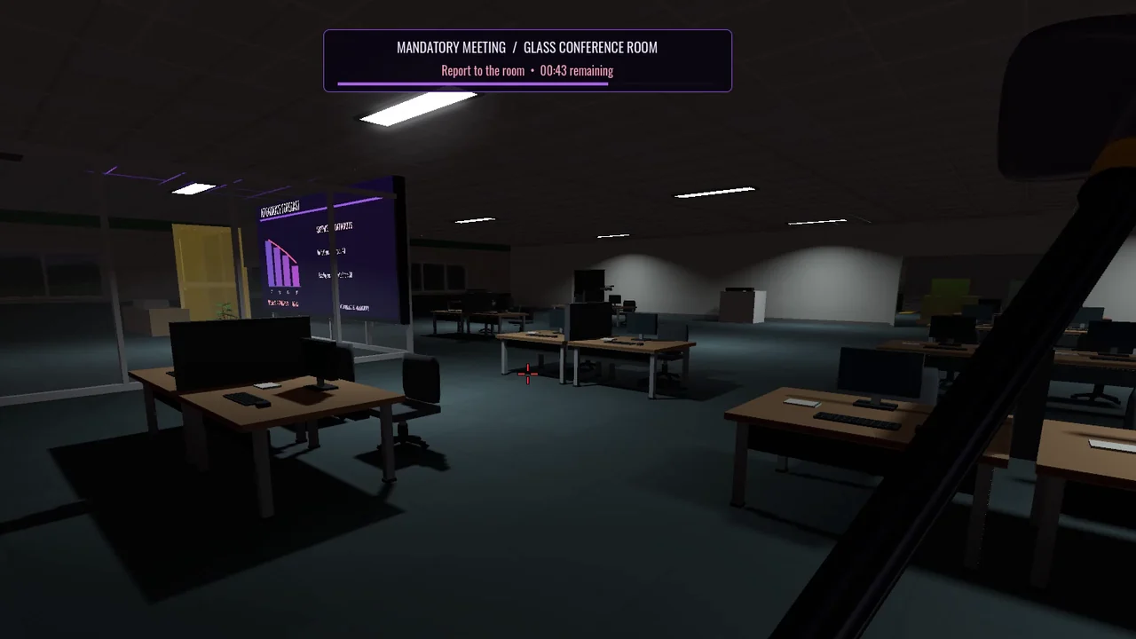 Glass conference room during the meeting countdown, with a purple presentation and glowing yellow doorway visible through the glass.