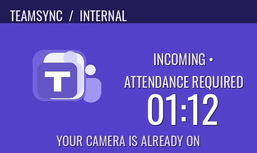 Purple TeamSync monitor invitation with a call icon and 1 minute 12 seconds remaining.