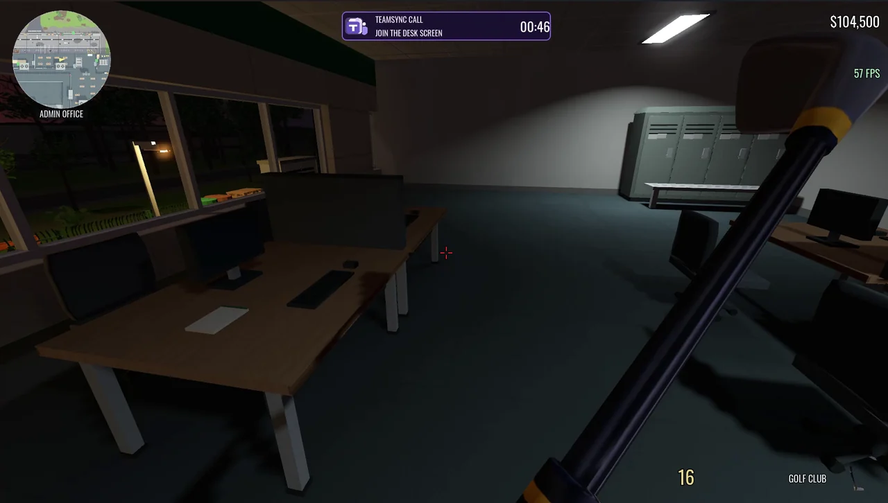 TeamSync call objective and 46-second countdown above a dark office full of desks.