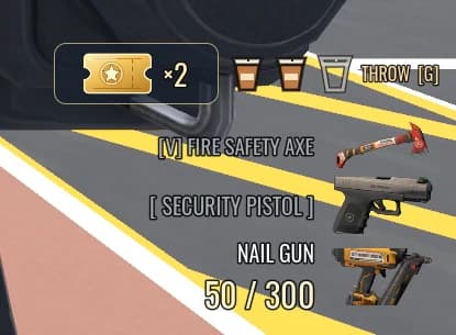 Game HUD with two filled Coffee Bomb cups and one empty outline above three weapon slots, a pair of perk tickets, and the Throw G hint.