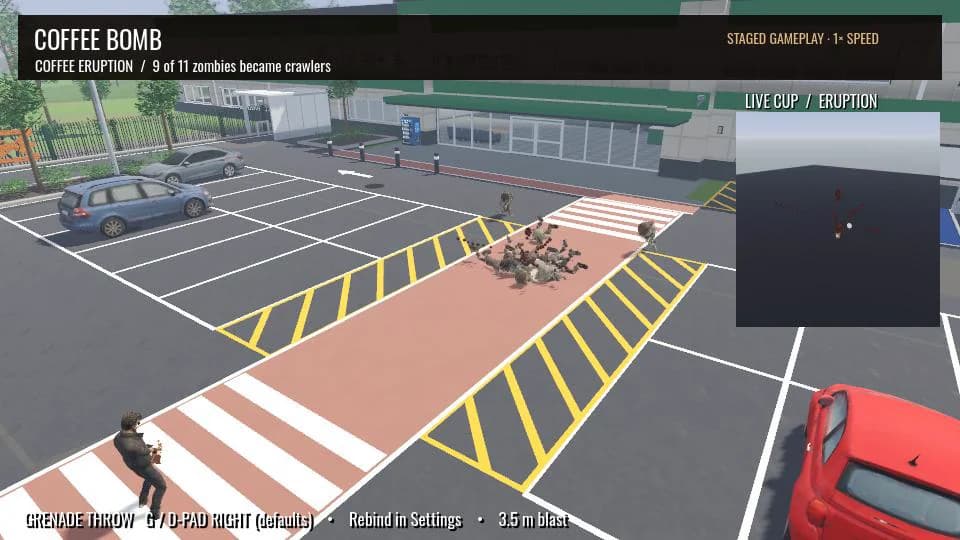 Staged in-game Coffee Bomb demonstration: a coffee cup erupts beside a group of zombies, leaving most of them crawling; an inset shows the cup and its coffee spray.
