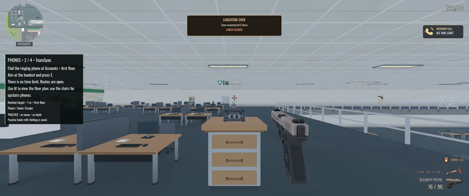 In-game phone induction in Accounts: the player stands in front of a ringing handset, with lesson instructions and a no-time-limit call indicator.