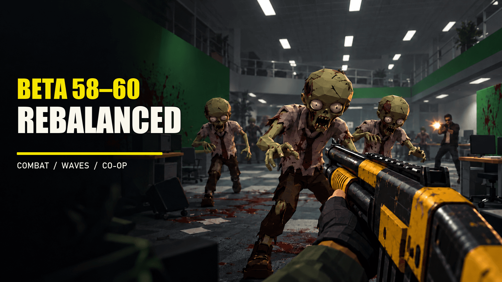 Promotional illustration of an office zombie horde and a Facilities Shotgun, with Beta 58–60 Rebalanced lettering.