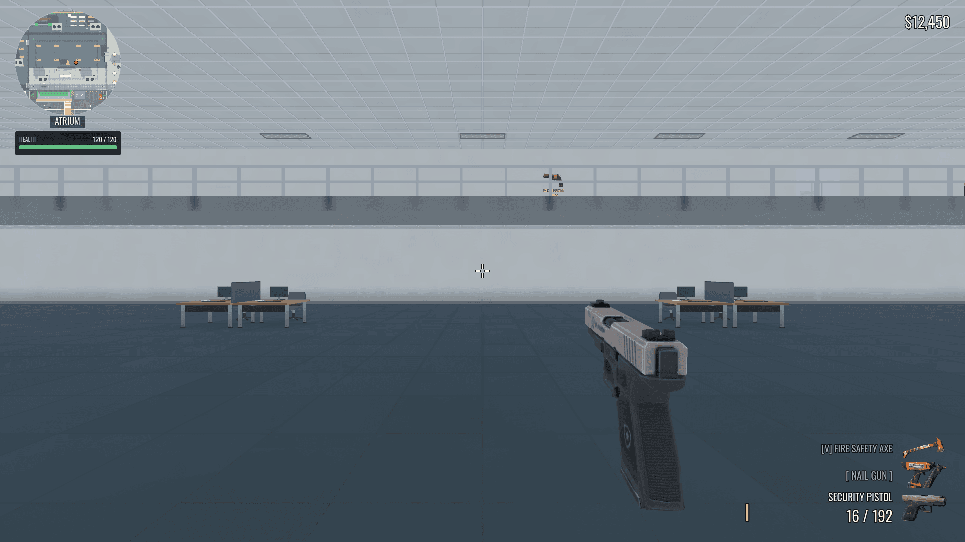In-engine HUD capture in the atrium showing the health meter beneath the minimap and a nearby zombie marker on the map.