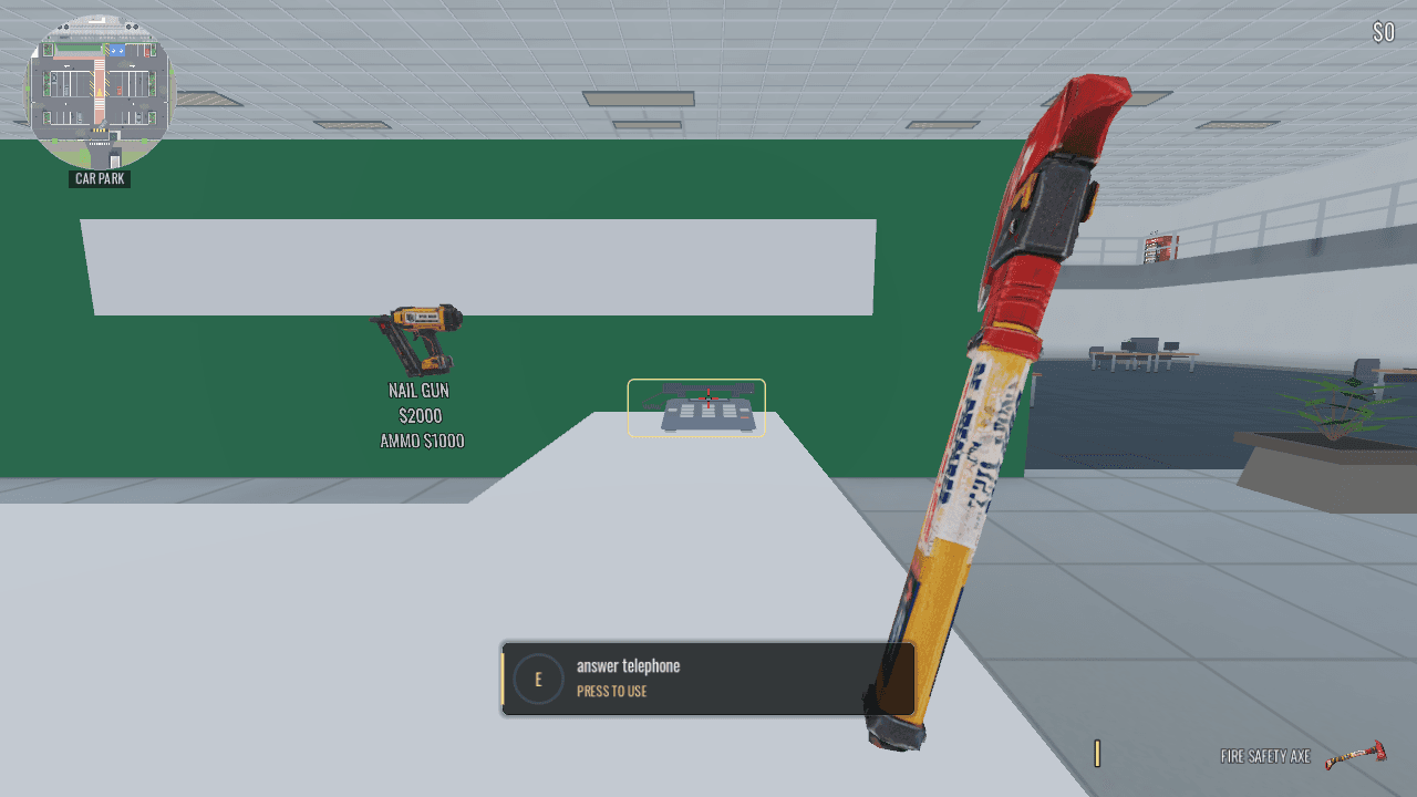 In-engine capture of the atrium reception handset with the answer prompt visible beside the Nail Gun wall shop.