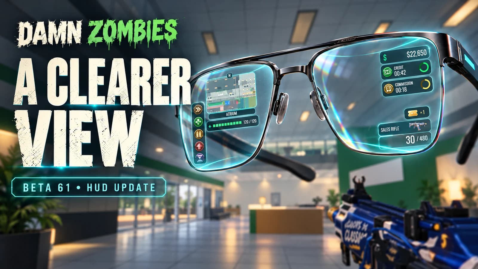 Promotional illustration of premium augmented glasses displaying the new cyan HUD, with A Clearer View and Beta 61 HUD Update lettering.