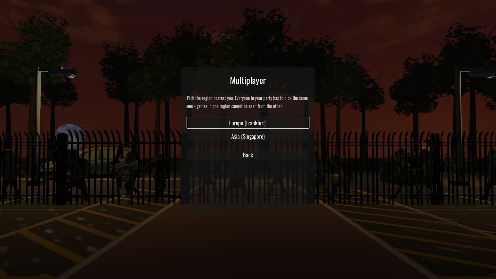 In-engine capture of the Beta 65 multiplayer menu over the car park gate at night, asking players to pick Europe (Frankfurt) or Asia (Singapore).