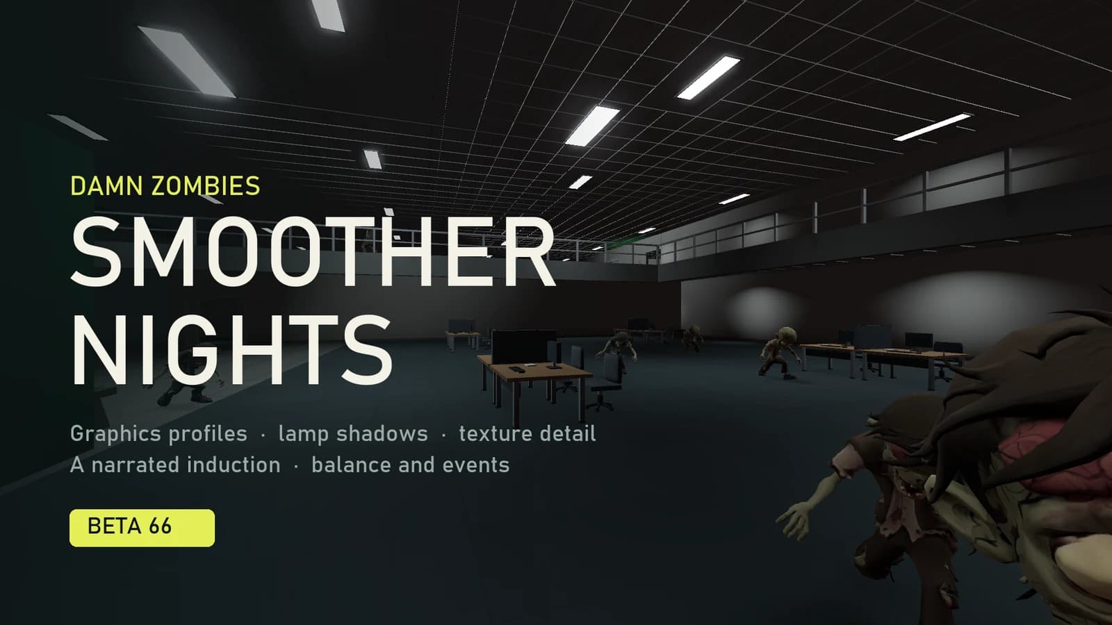 In-engine night capture of the office atrium at round 18, zombies crossing the floor under the ceiling lights, with the title Smoother Nights and a Beta 66 badge set over it.