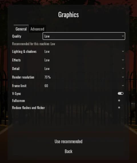 The Beta 66 graphics menu on its General tab: Quality set to Low, the line Recommended for this machine: Low, Lighting and shadows, Effects and Detail all on Low, render resolution 75%, frame limit 60, V-Sync on, and buttons for Use recommended and Back.