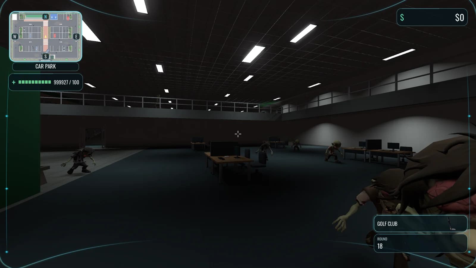 Night in the atrium with zombies crossing the floor, every lamp casting a shadow, before Beta 66.
