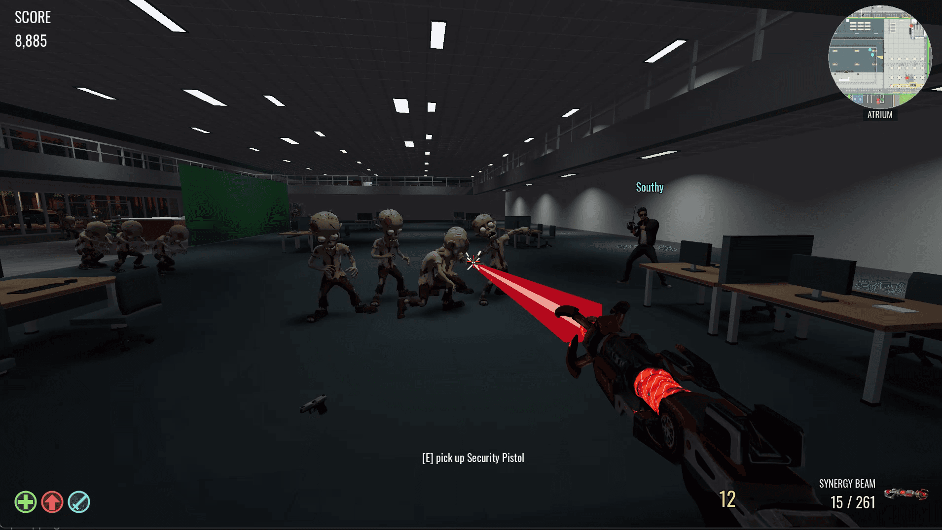 Co-op laser fight against the atrium horde